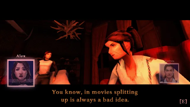 The Tartarus Key screenshot: Alex talks with a fellow captive in a red-lit room, with dialogue portraits