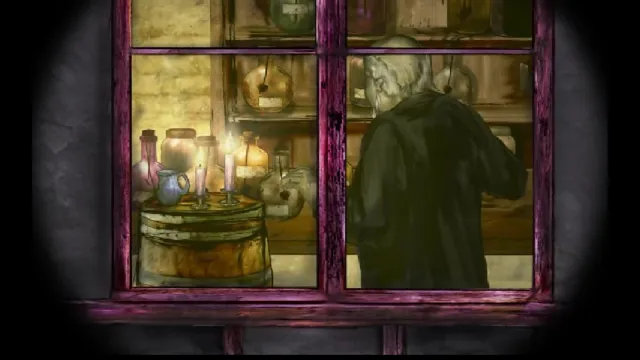 The Terrible Old Man screenshot: through a candlelit window, a hunched white-haired old man stands among shelves of bottles and jars