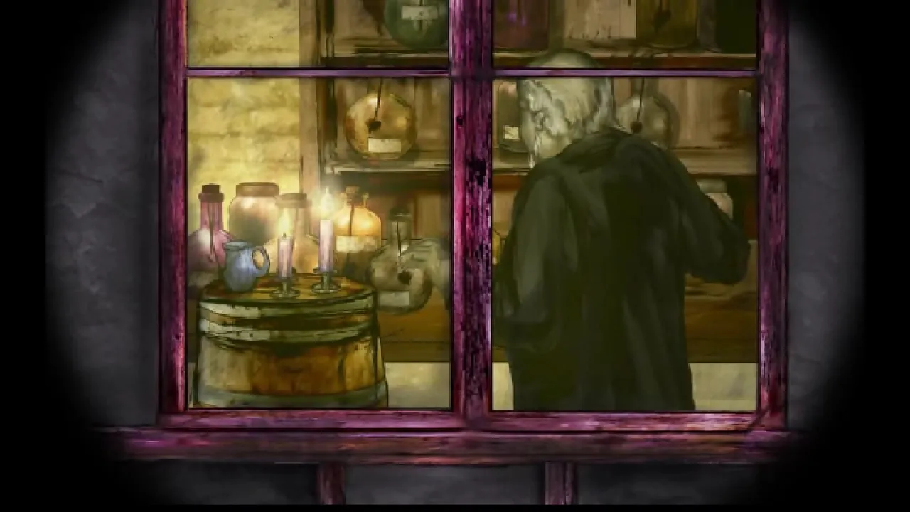 The Terrible Old Man screenshot: through a candlelit window, a hunched white-haired old man stands among shelves of bottles and jars