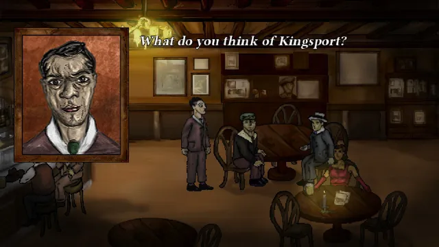 The Terrible Old Man screenshot: a sallow man asks What do you think of Kingsport? in a lamplit tavern