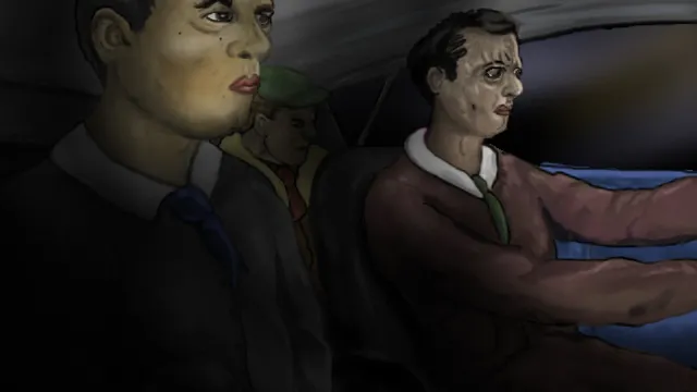 The Terrible Old Man screenshot: three grim men drive through the night in an old car
