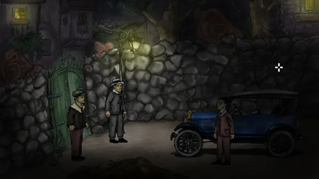 The Terrible Old Man screenshot: three robbers by an old car beside a stone wall and green gate on a dark Kingsport street