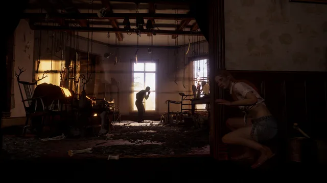 The Texas Chain Saw Massacre screenshot: a victim peeks round a doorway at a family member in a room hung with bones