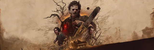 The Texas Chain Saw Massacre key art: Leatherface raises his chainsaw above the Slaughter family and their farmhouse, drawn in sepia