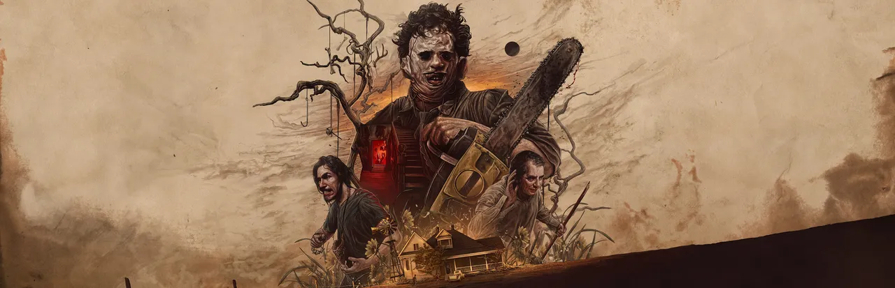 The Texas Chain Saw Massacre key art: Leatherface raises his chainsaw above the Slaughter family and their farmhouse, drawn in sepia