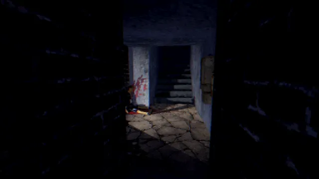 The Thing Beneath screenshot: a dark brick corridor opening onto a stairwell, blood smeared on the wall above something lying on the floor