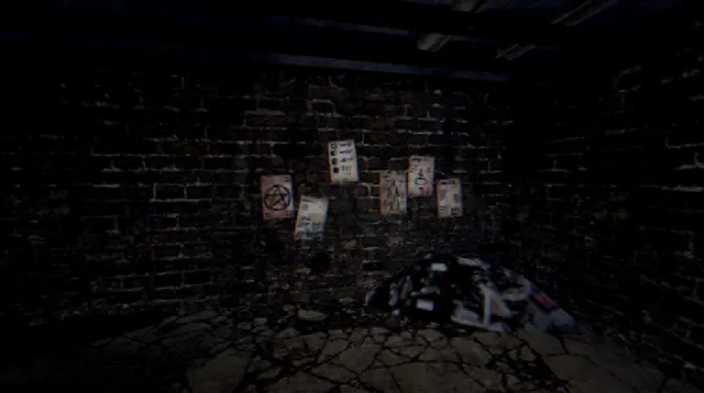 The Thing Beneath screenshot: occult papers with a pentagram pinned to a dark brick cellar wall, a heap of cloth on the floor