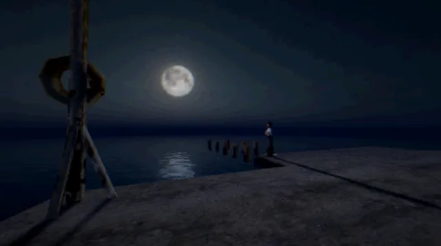 The Thing Beneath screenshot: a full moon over dark water, seen from a concrete pier with a life ring, where a lone teenager stands at the edge