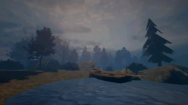 The Thing Beneath screenshot: a wooden rowing boat beached on the misty island shore under pine trees