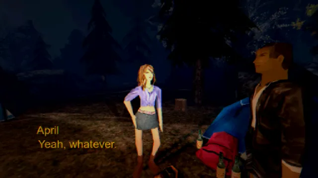 The Thing Beneath screenshot: low-poly April stands in the night forest at camp beside a friend in a leather jacket, her line 'Yeah, whatever.' in subtitles