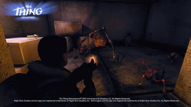 The Thing: Remastered screenshot: a soldier fires at spider-legged creatures with heads scuttling across a dim storeroom