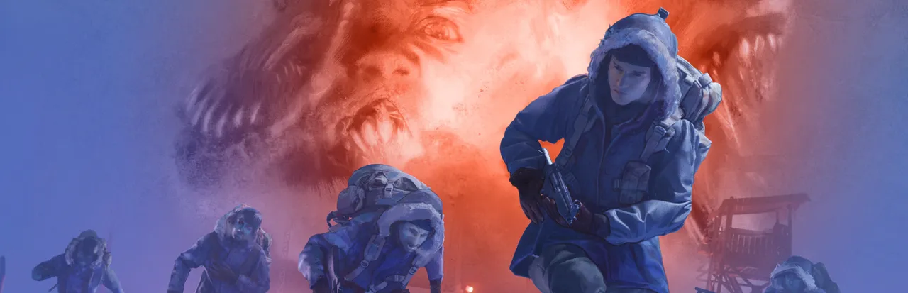 The Thing: Remastered key art: soldiers in snow parkas charge forward under a huge snarling, misshapen dog-like creature in red and blue light