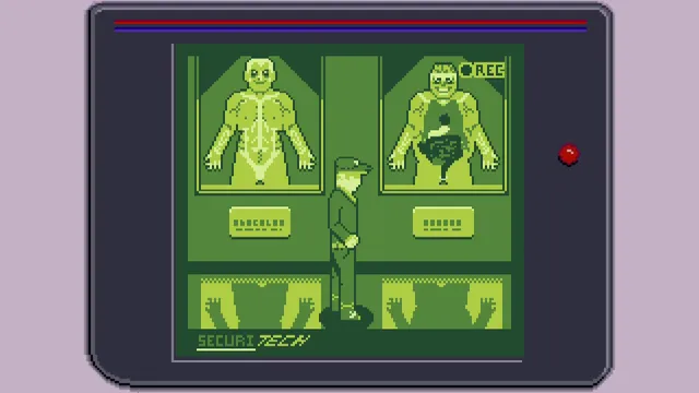 The Third Shift screenshot: the guard stands between two cases of the Human Body Exhibit, one figure flayed to show its organs