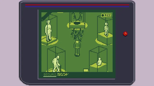 The Third Shift screenshot: the guard walks among glass cases of human figures in a green Game Boy-style camera view