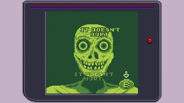 The Third Shift screenshot: a grinning skull-faced figure with the words It doesn't hurt