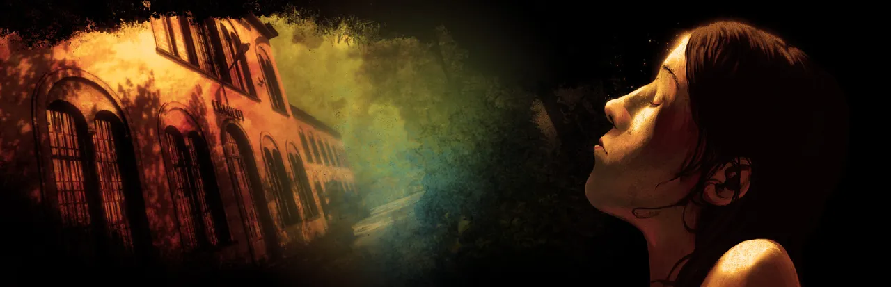 The Town of Light key art: a young woman with her eyes closed beside the lit brick walls of the asylum, in warm and green light
