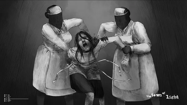 A black and white drawn scene of two nurses dragging a screaming girl by the arms