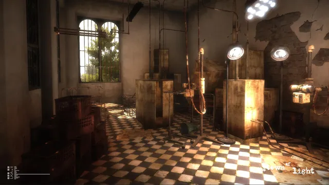 A derelict treatment room with a checkered floor, old cabinets and surgical lamps lit by a tall window