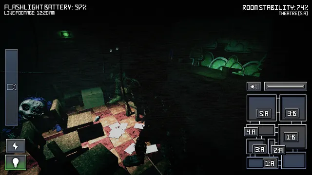 A camera view of the theatre where a pale doll-like head lies in the dark, with the room stability at 74 percent