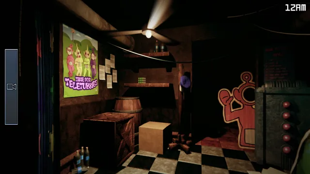 The guard's office at 12 AM: a Teletubbies poster, crates, a ceiling fan and a cut-out of a character on the wall