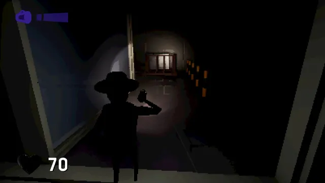 The traveller lights a dark corridor with a torch, health at 70