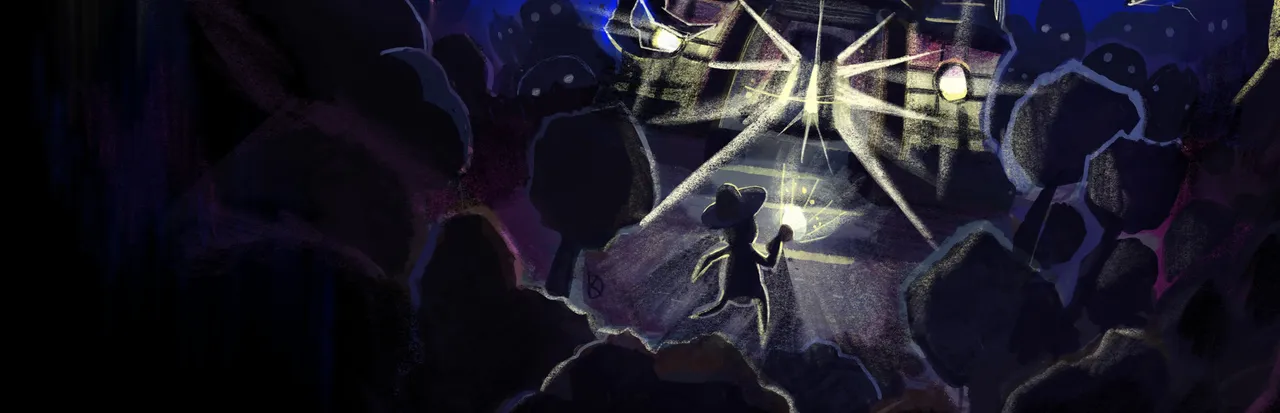 The Upturned key art: a small figure in a hat holds up a light before a glowing inn at night, surrounded by dark shapes with watching eyes