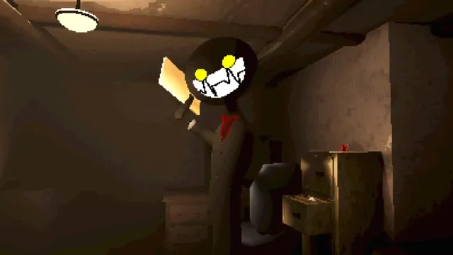 A creature with a huge grinning face and a red bow tie holds up a yellow object in a dim room