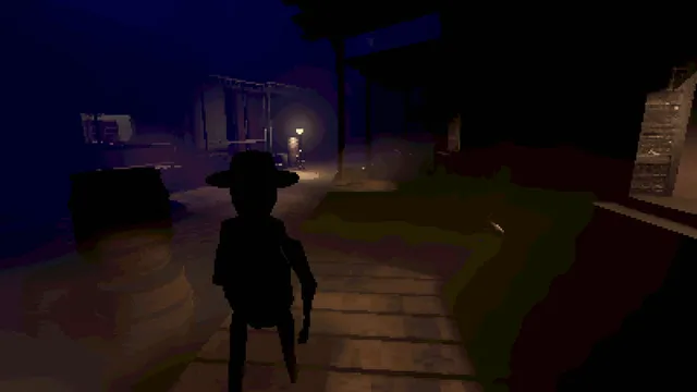 A dark wild west town street at night with the traveller in the foreground