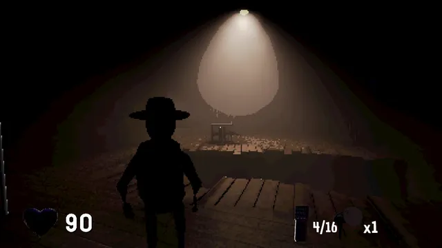 The traveller stands on a wooden walkway in the dark under a single spotlight