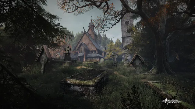 A wooden church and graveyard among trees in the valley