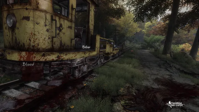 A rusty yellow railway handcar smeared with blood in the woods, the words Blood and Enter floating beside it