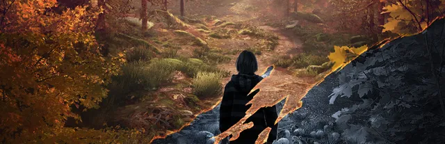 The Vanishing of Ethan Carter key art: a dark-haired figure on an autumn forest path, the scene torn open to a grey, ruined world beneath