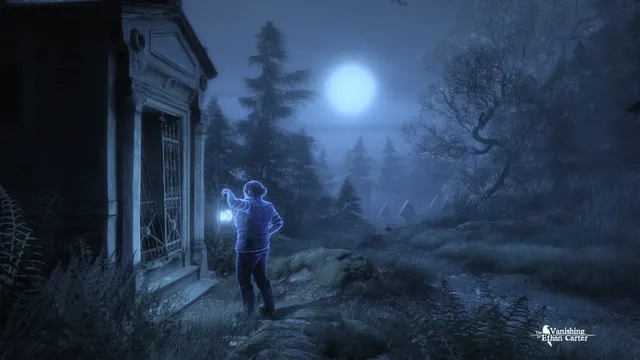 A ghostly blue figure with a lantern by a stone crypt under a full moon
