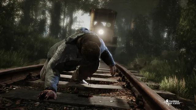 A man crawls along railway tracks in the forest as a railway handcar with a lamp comes up behind him