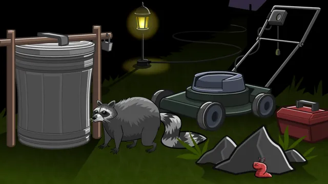 The Visitor Returns: the small pink alien slug hides by a rock as a raccoon sniffs at a trash can beside a lawnmower and toolbox at night