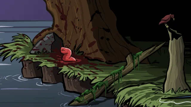 The Visitor: the pink alien slug sits in a pool of blood at the foot of a blood-smeared tree by dark water, a crow watching from a stump