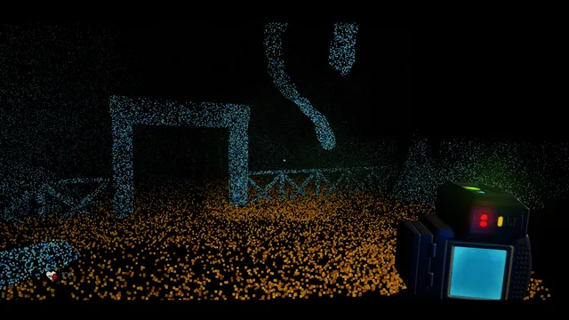 The Voidness screenshot: a doorway and a hanging cable drawn in blue and orange scanner dots, the scanner held at the right