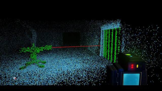 The Voidness screenshot: a scanned corridor in blue dots, with a green point-cloud creature crawling on the floor and the scanner's red beam