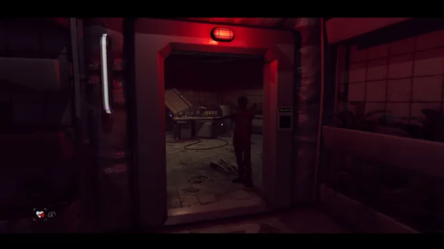 The Voidness screenshot: a dark figure in a red-lit laboratory doorway of the research facility