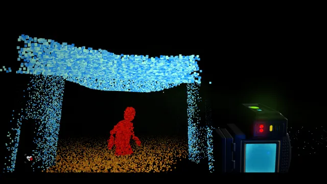 The Voidness: a red, dotted human shape stands in a doorway painted in blue scanner points, with the handheld LIDAR scanner in the foreground