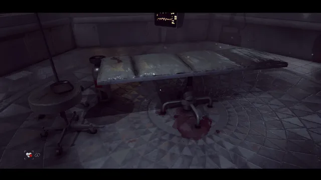 The Voidness screenshot: a bloodstained examination table in a dim, tiled medical room