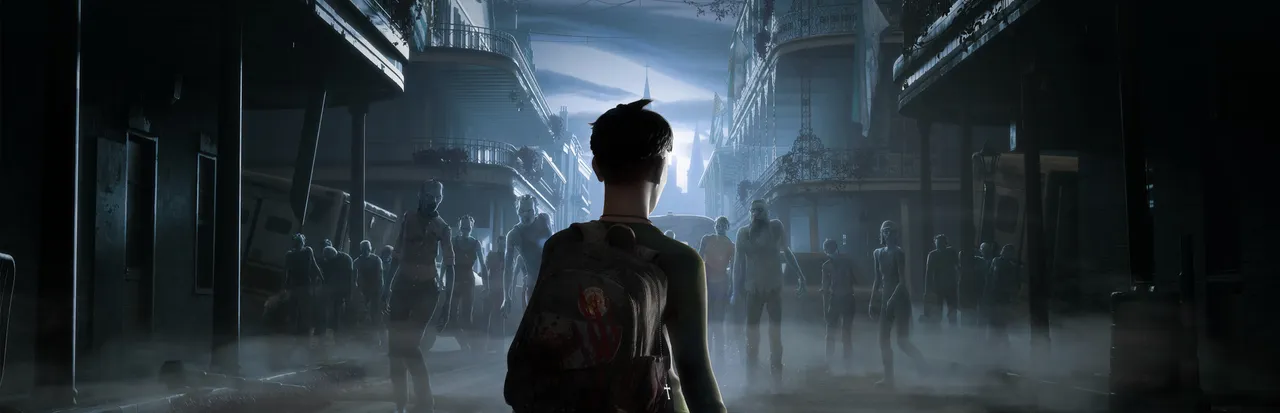 The Walking Dead: Saints & Sinners key art: a survivor with a backpack faces a fog-filled New Orleans street full of walkers