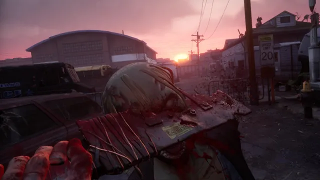 The Walking Dead: Saints & Sinners screenshot: a crude blade embedded in a walker's head at sunset in a ruined lot