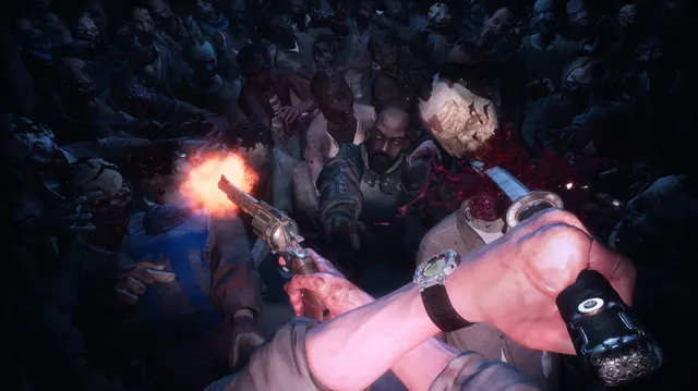 The Walking Dead: Saints & Sinners screenshot: firing a revolver into a crowd of walkers at night while stabbing one in the head