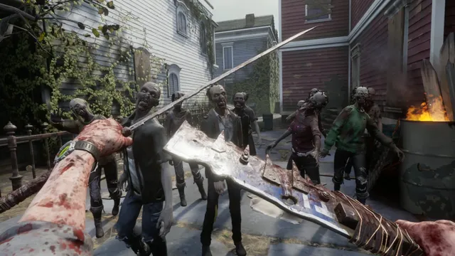 The Walking Dead: Saints & Sinners screenshot: swinging a homemade blade at a group of walkers in a New Orleans street