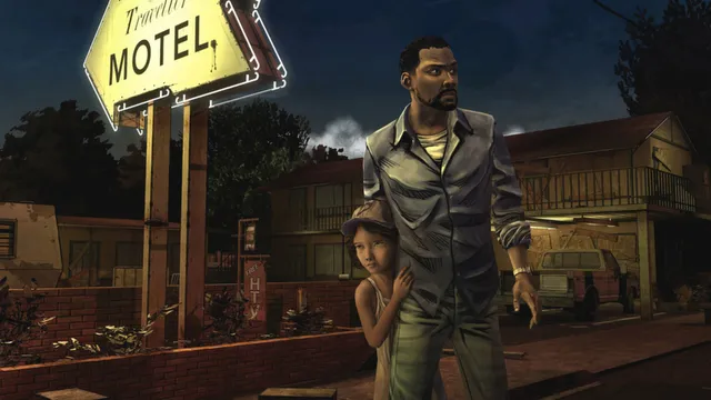 The Walking Dead screenshot: Lee with Clementine holding on to him beneath a motel sign at night