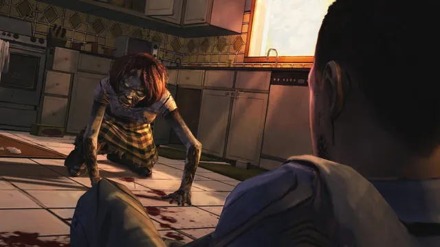 The Walking Dead screenshot: a walker girl with red hair crawls across a kitchen floor toward Lee