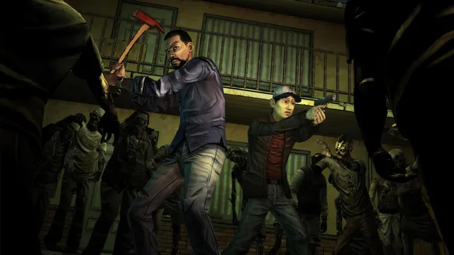 The Walking Dead screenshot: Lee raises an axe and a survivor aims a pistol as walkers close in under a motel balcony