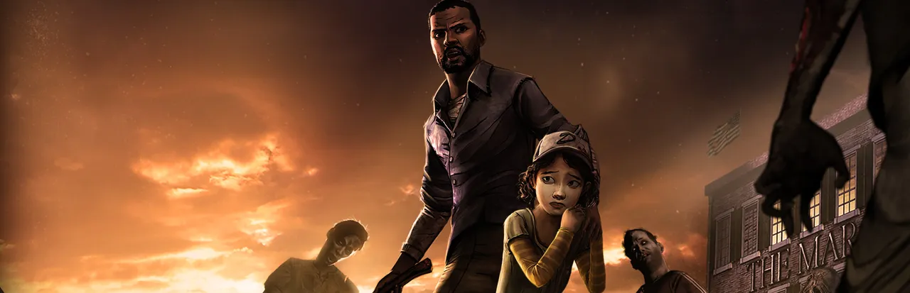 The Walking Dead key art: Lee Everett stands over Clementine in her cap as walkers close in under a burning orange sky