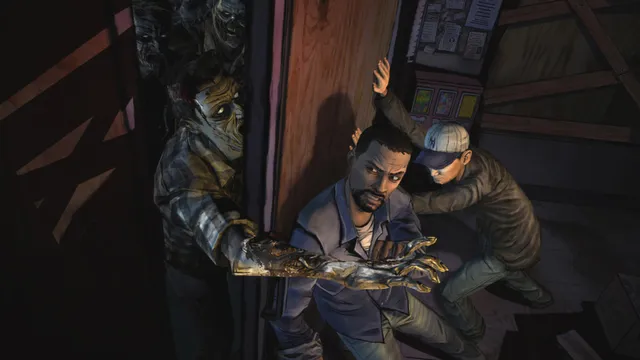 The Walking Dead screenshot: rotting arms reach through a doorway as Lee and another survivor push to hold the door shut